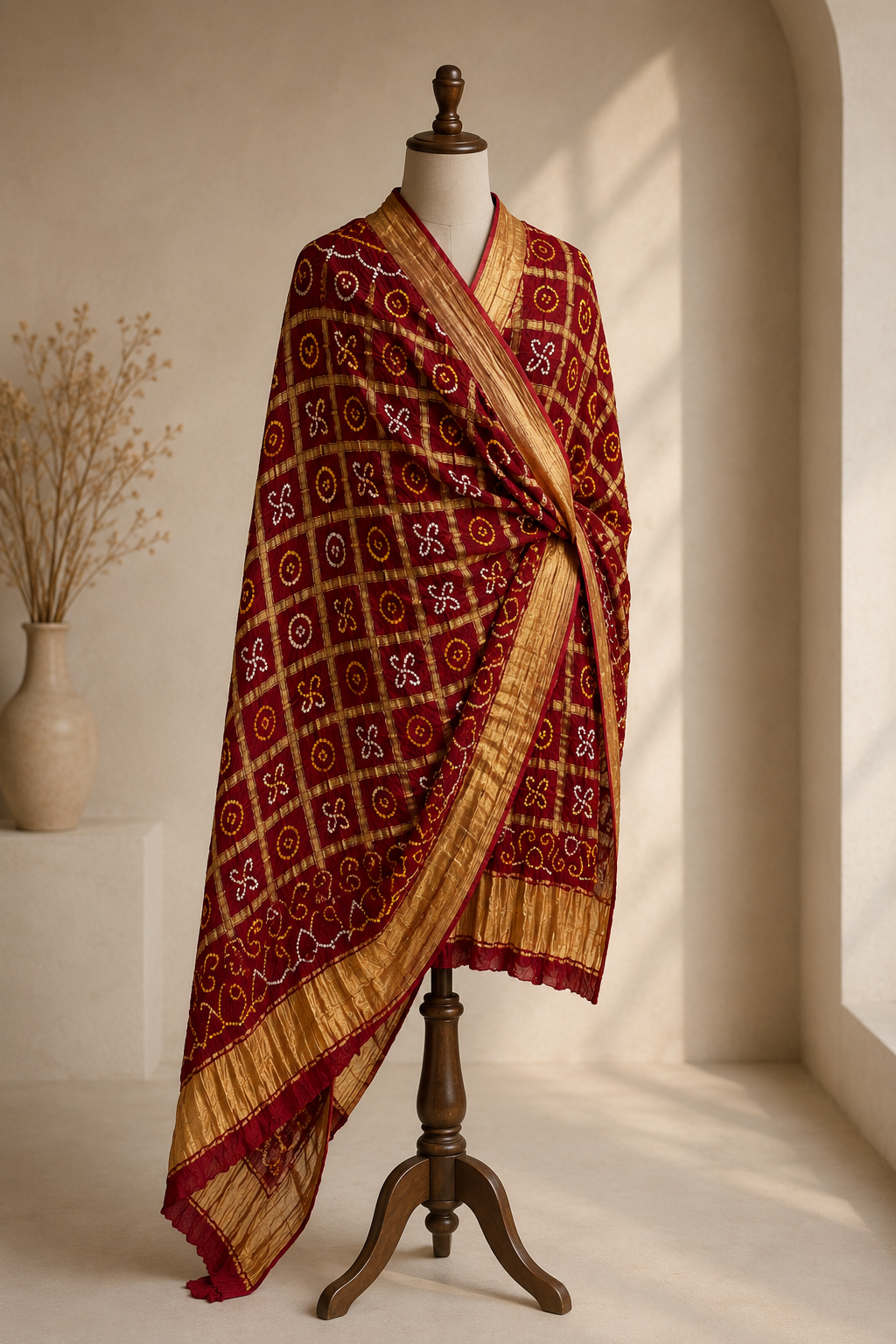 Maroon Pure Gajji Silk Bandhej Dupatta with Golden Border | 2506897