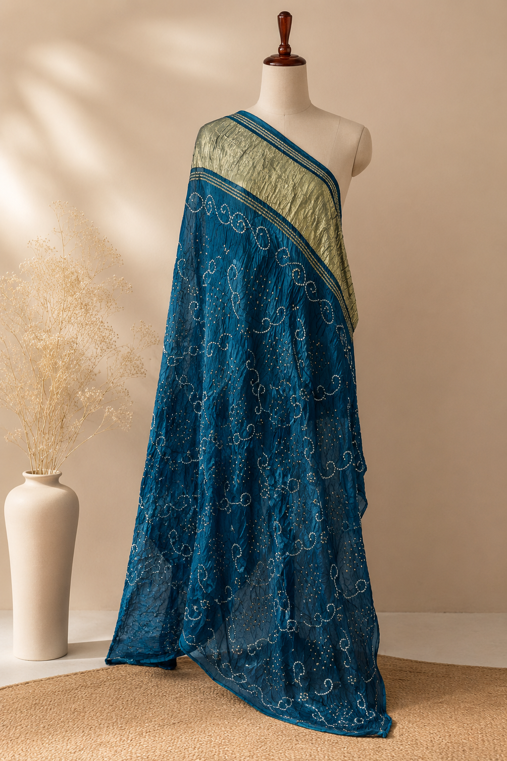 Teal Blue Pure Gajji Silk Bandhej Dupatta with Metallic Border | 2507166