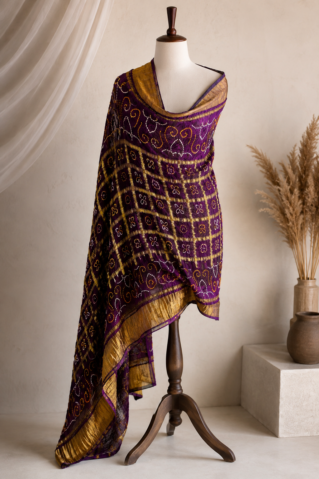 Royal Purple Pure Gajji Silk Bandhej Dupatta with Golden Border | 2506897