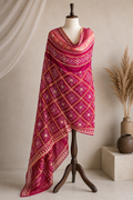 Rani Pink Pure Gajji Silk Bandhej Dupatta with Geometric Hand Embroidery | 2500829