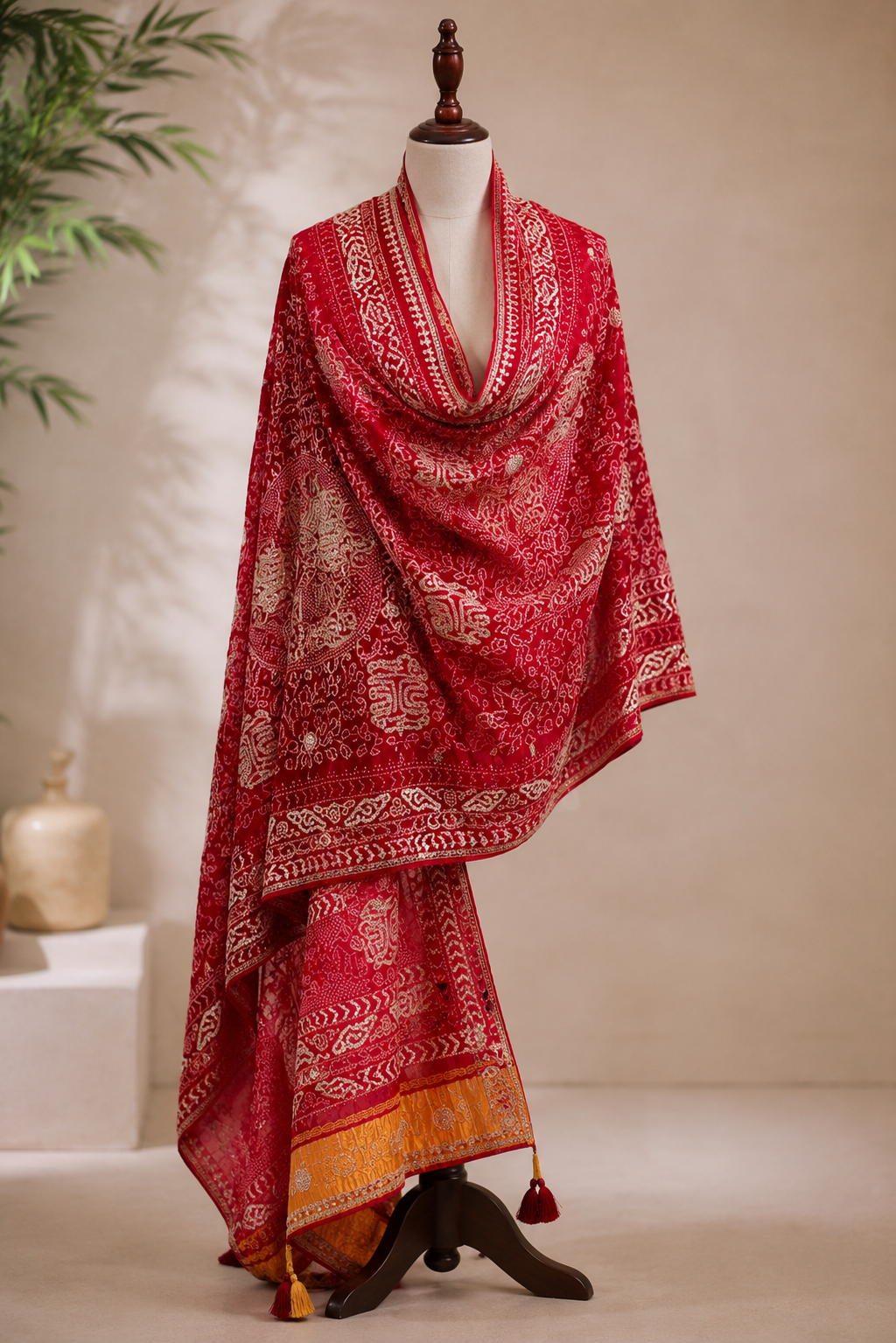Crimson Red Pure Gajji Silk Bandhej Dupatta with Hand Embroidery | 2507261