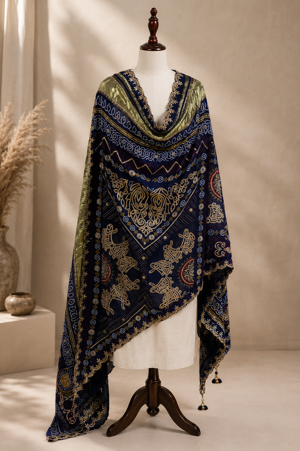 Navy Blue Pure Gajji Silk Bandhej Dupatta with Hand Embroidery | 2507264