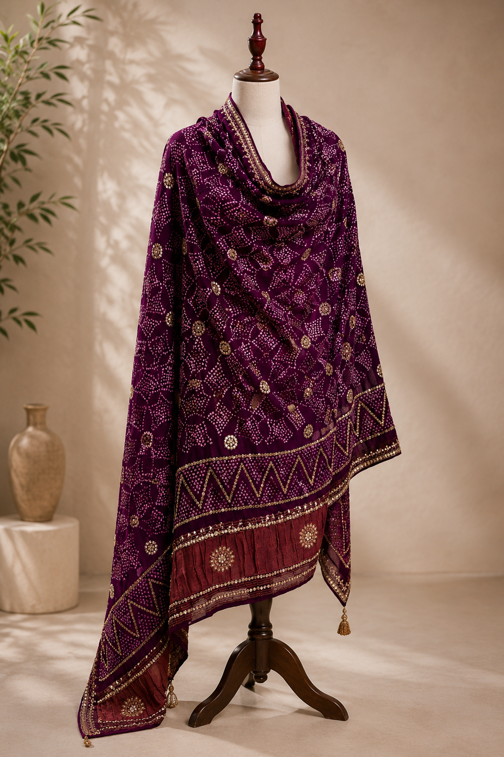 Wine Pure Gajji Silk Bandhej Dupatta with Hand Embroidery | 2500822