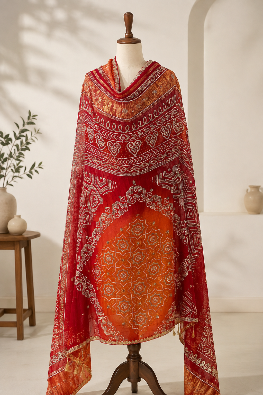 Red & Orange Pure Gajji Silk Bandhej Dupatta with Hand Embroidery | 2507260