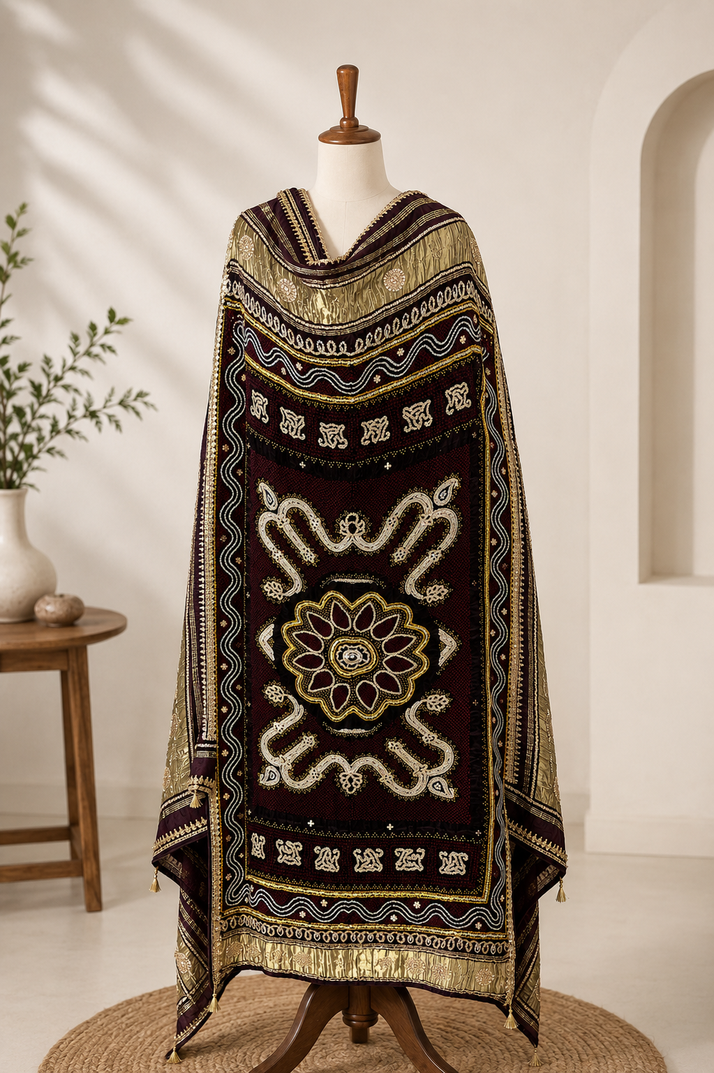 Coffee Brown Pure Gajji Silk Bandhej Dupatta with Hand Embroidery | 2507259