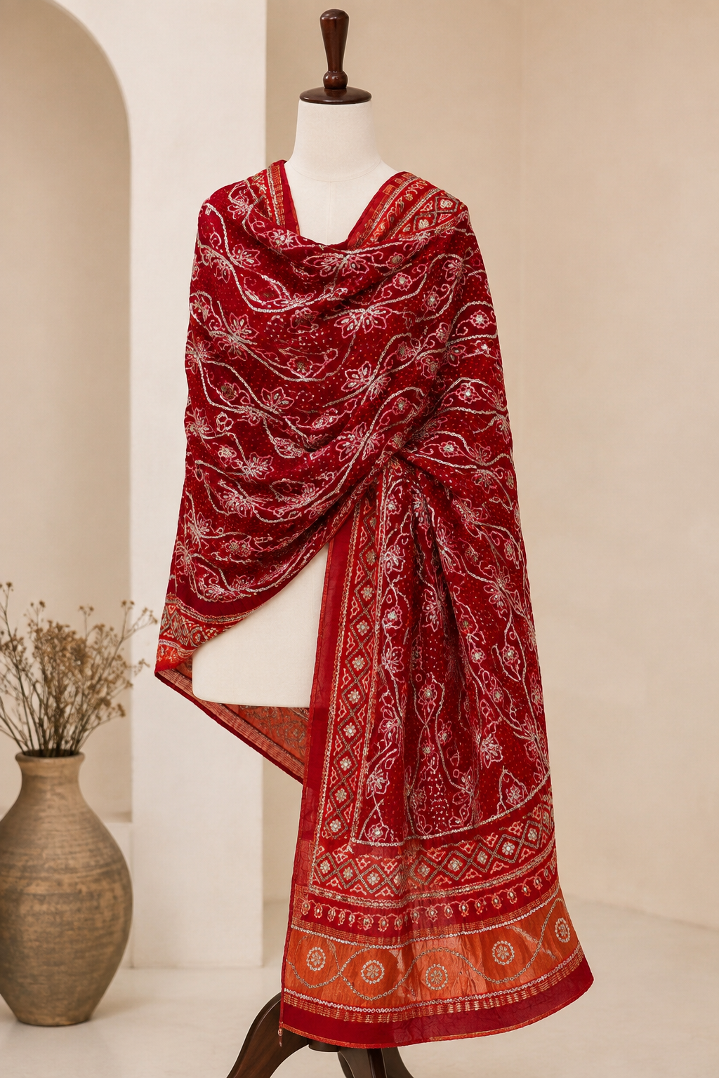 Orange & Red Pure Gajji Silk Bandhej Dupatta with Hand Embroidery | 2500894