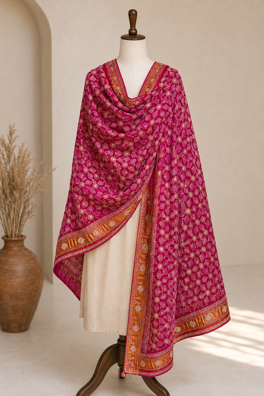 Magenta & Red Pure Gajji Silk Bandhej Dupatta with Hand Embroidery | 2500890