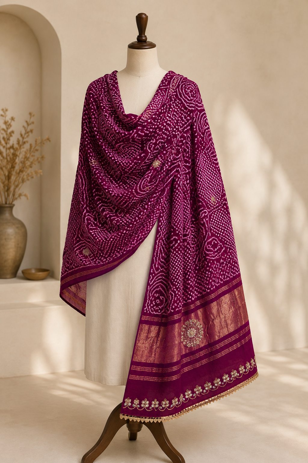 Rani Pink Pure Gajji Silk Bandhej Dupatta with Hand Embroidery | 2500825