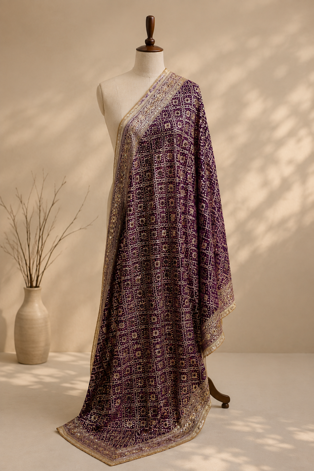 Wine Purple Pure Mysore Georgette Banarasi Bandhej Dupatta | 2506137