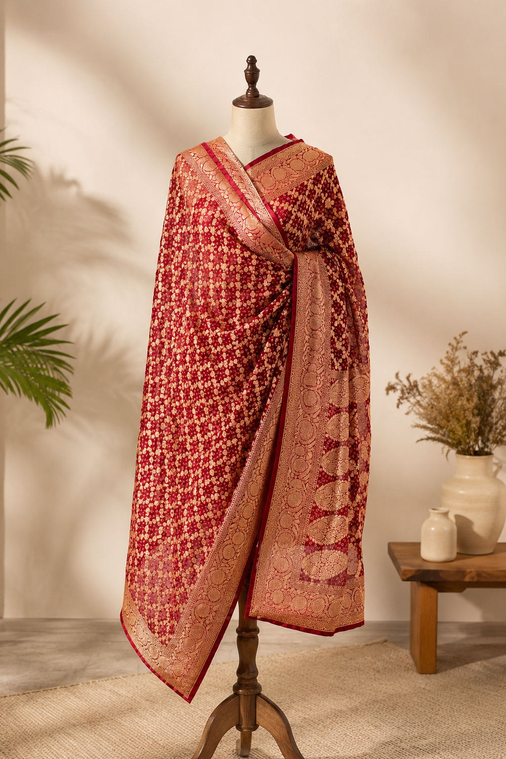 Red Pure Mysore Georgette Banarasi Bandhej Dupatta | 2506901