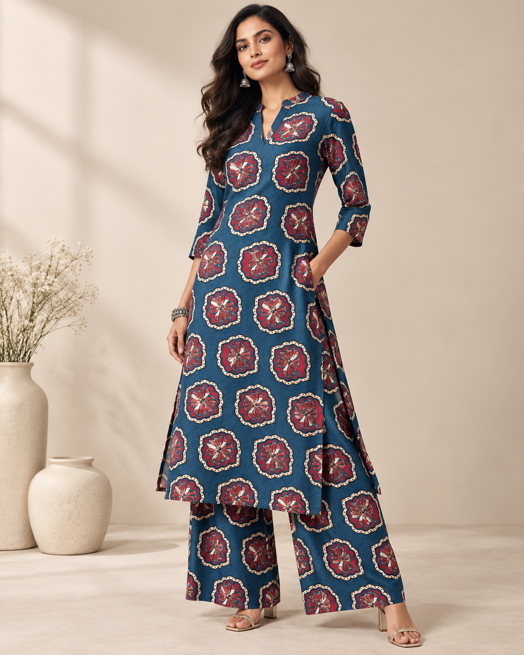 Blue Scarlet Floral Medallion Modal Satin Print | 2506923