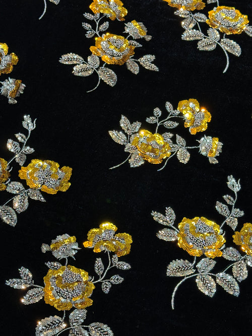 Black Golden Floral Beaded Velvet Fabric | 2506705