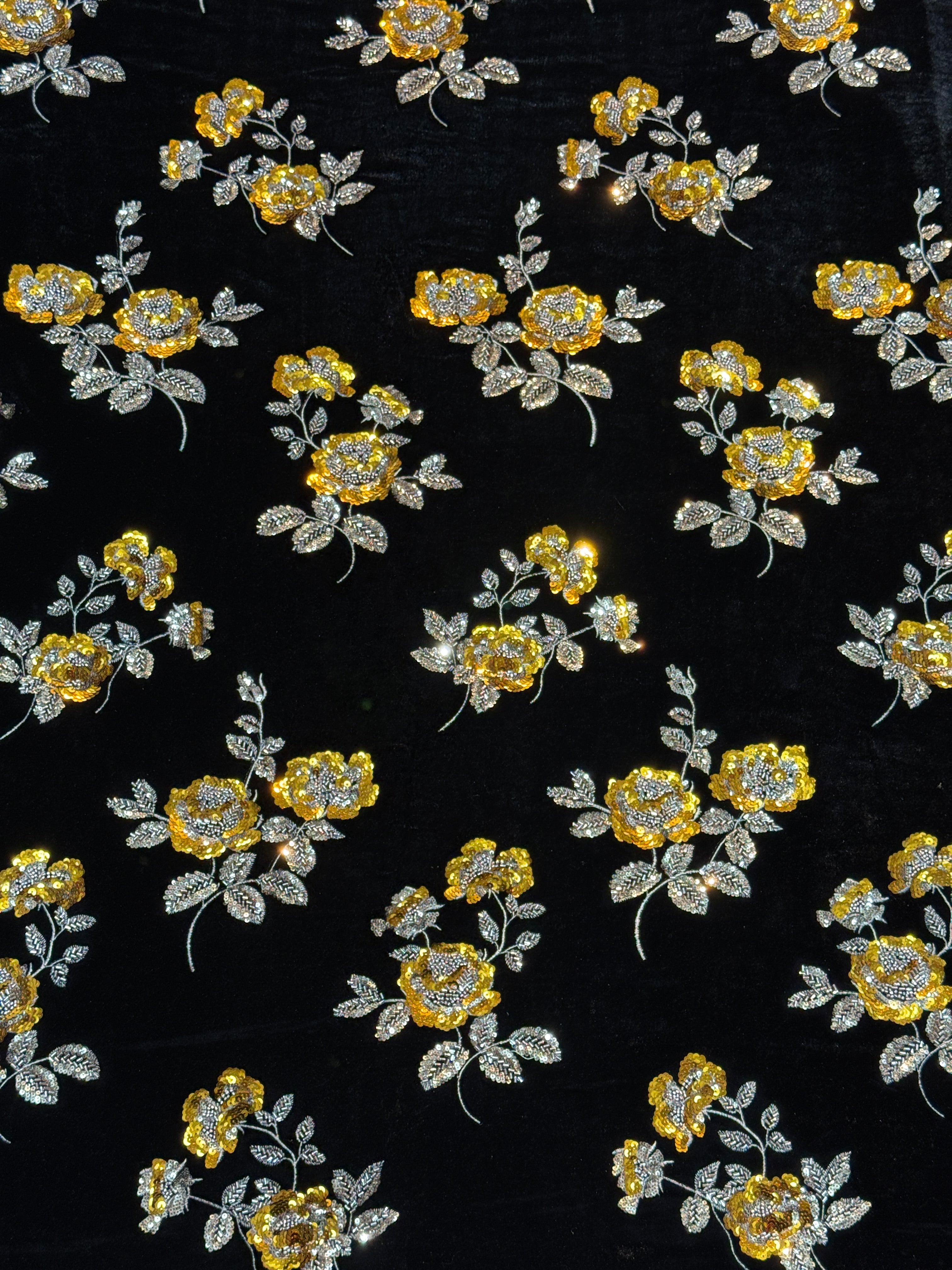 Black Golden Floral Beaded Velvet Fabric | 2506705