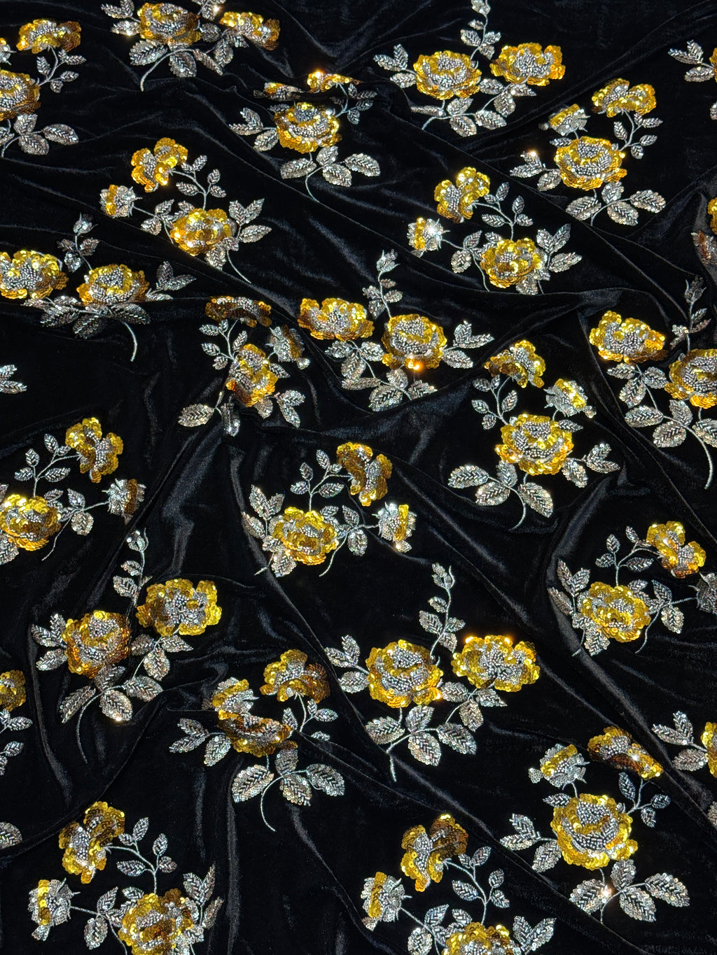 Black Golden Floral Beaded Velvet Fabric | 2506705