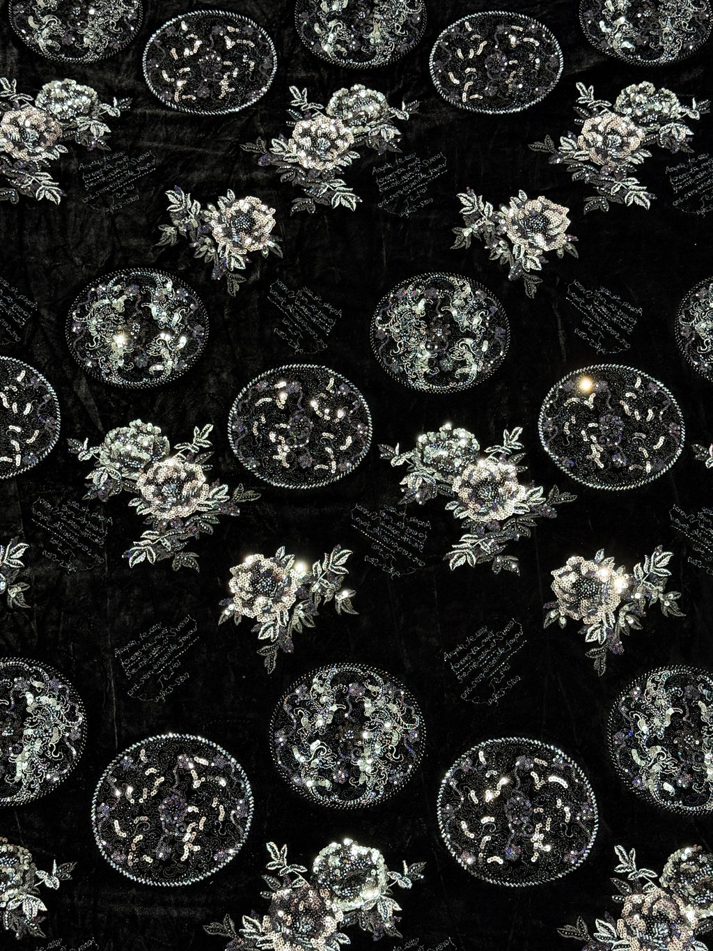 Black Silver Floral & Sequin Motif Velvet Fabric | 2506644
