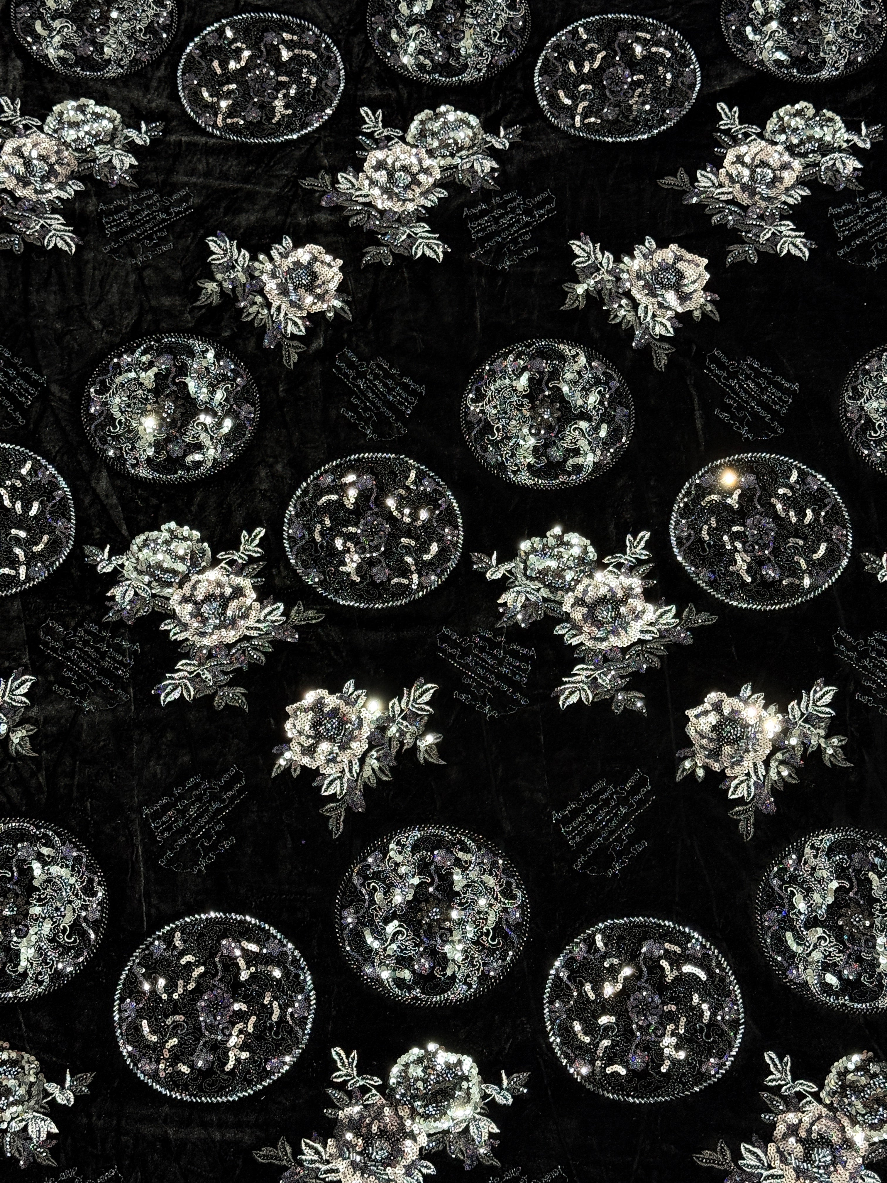 Black Silver Floral & Sequin Motif Velvet Fabric | 2506644