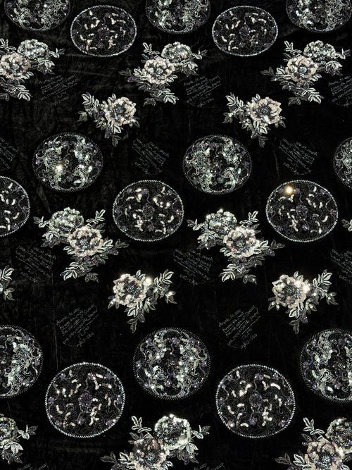 Black Silver Floral & Sequin Motif Velvet Fabric | 2506644