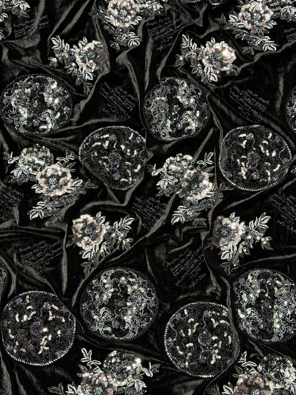Black Silver Floral & Sequin Motif Velvet Fabric | 2506644