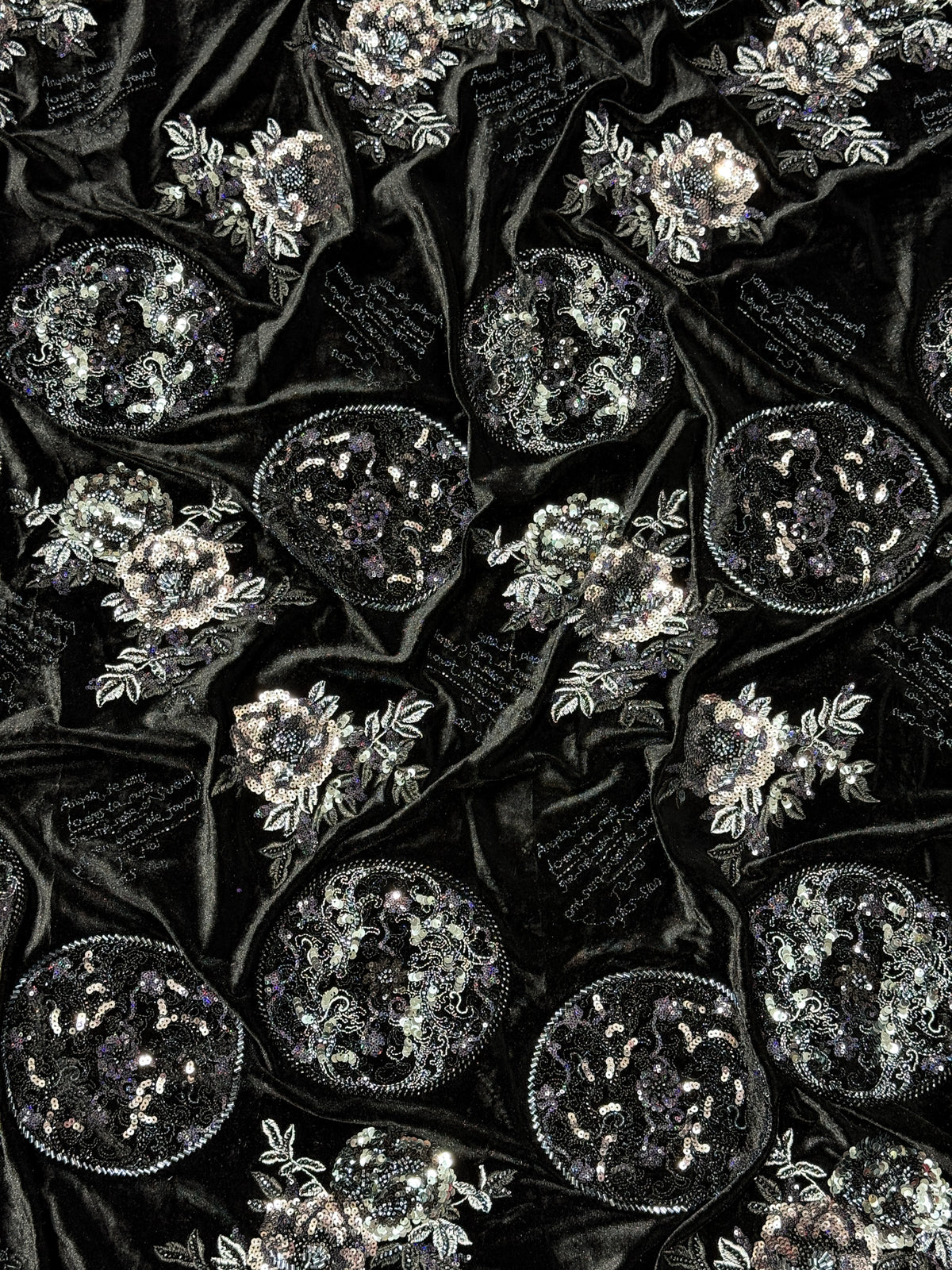 Black Silver Floral & Sequin Motif Velvet Fabric | 2506644