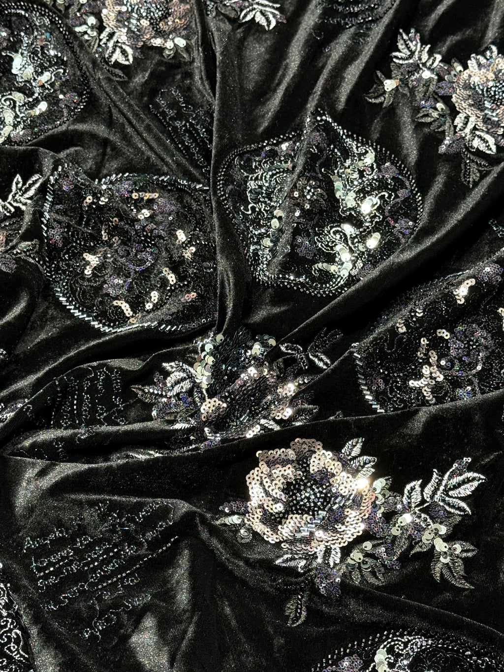 Black Silver Floral & Sequin Motif Velvet Fabric | 2506644