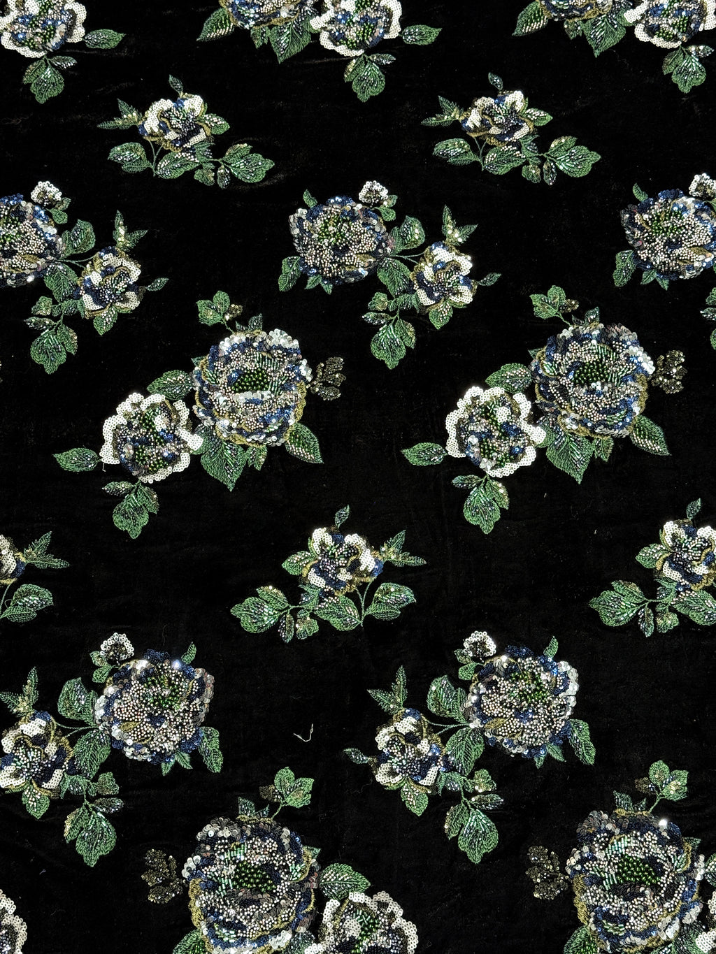 Black Emerald Green Floral Beaded Velvet Fabric | 2506644