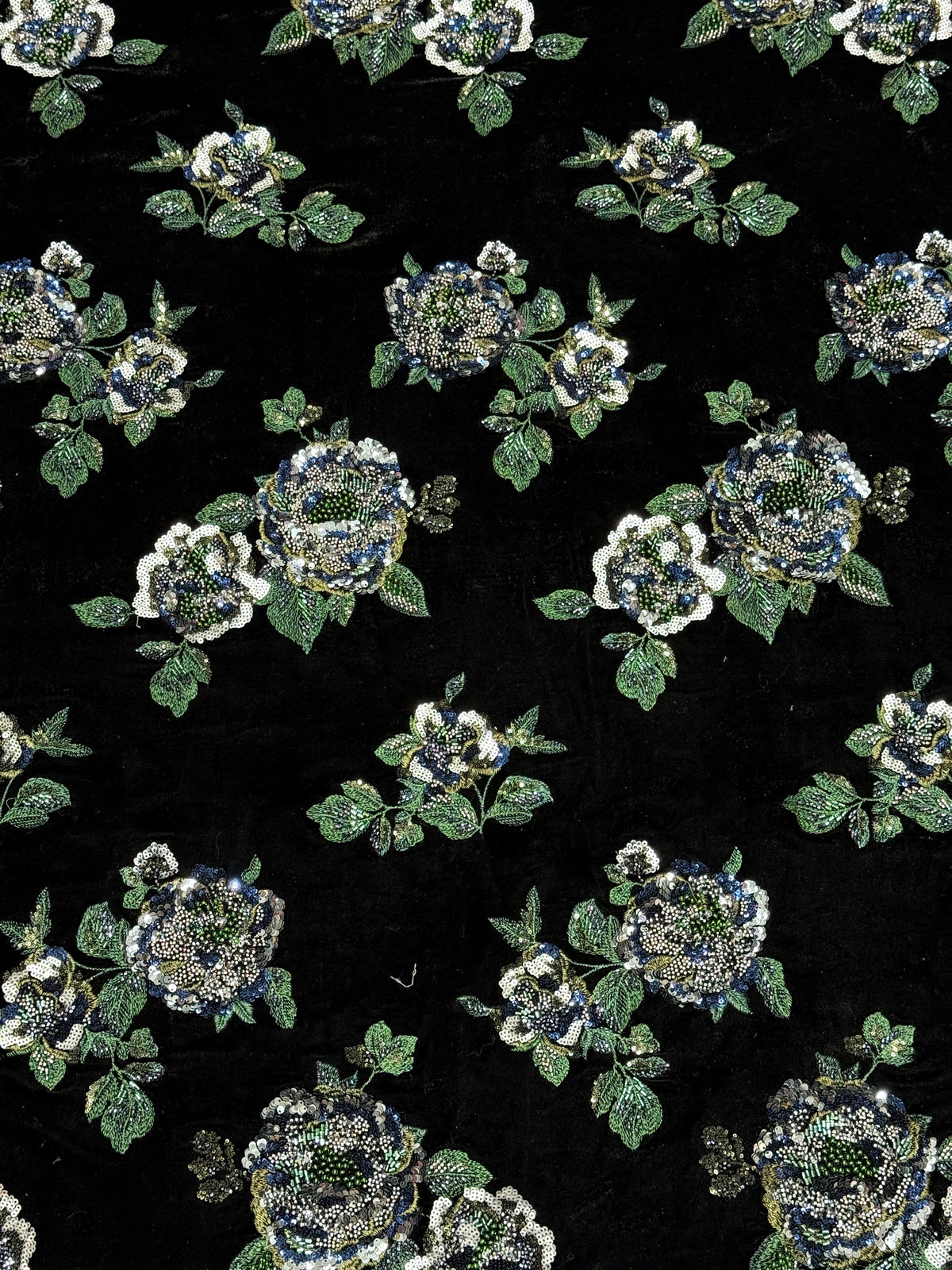 Black Emerald Green Floral Beaded Velvet Fabric | 2506644