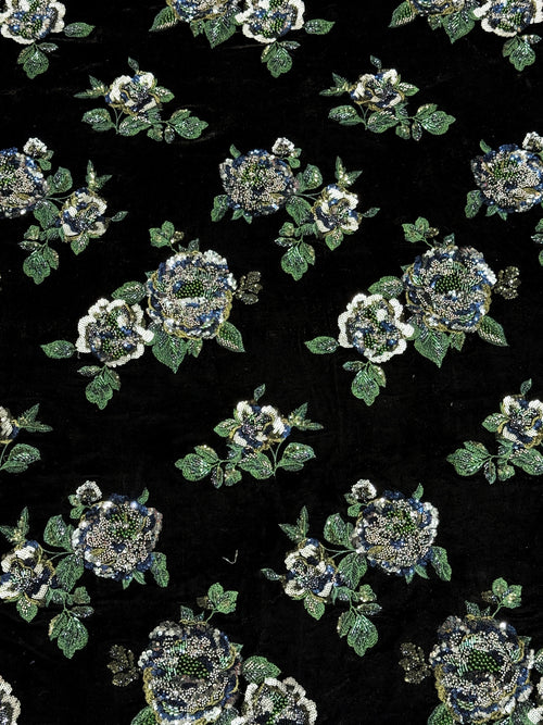 Black Emerald Green Floral Beaded Velvet Fabric | 2506644