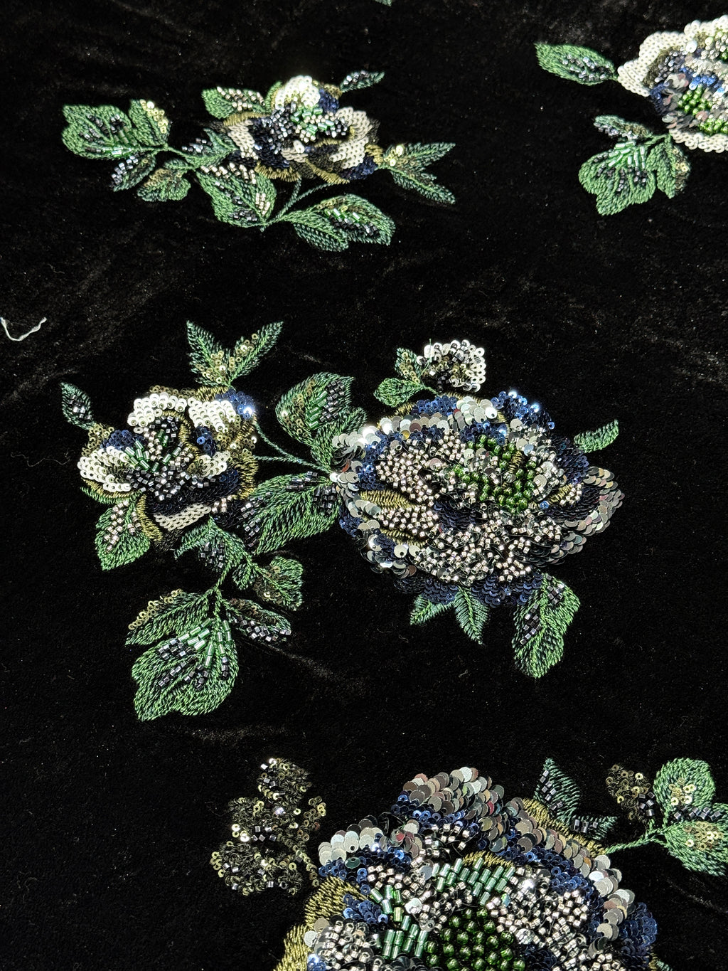 Black Emerald Green Floral Beaded Velvet Fabric | 2506644