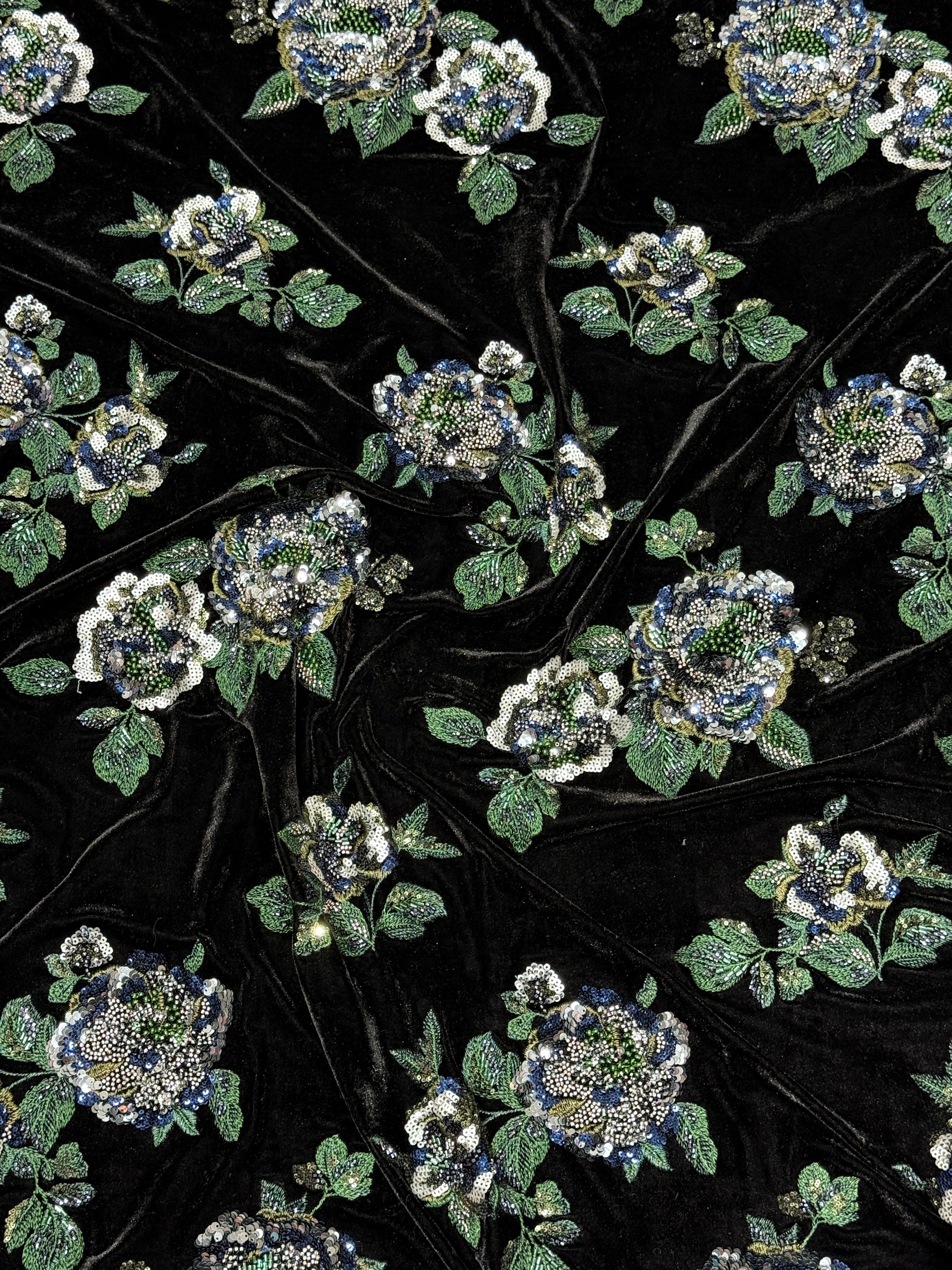 Black Emerald Green Floral Beaded Velvet Fabric | 2506644