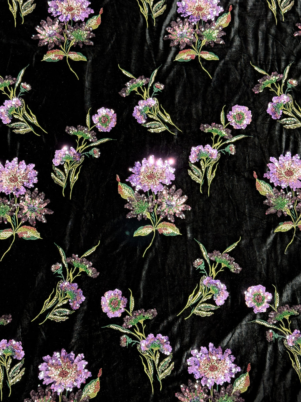 Black Lavender Floral Beaded Velvet Fabric | 2506705