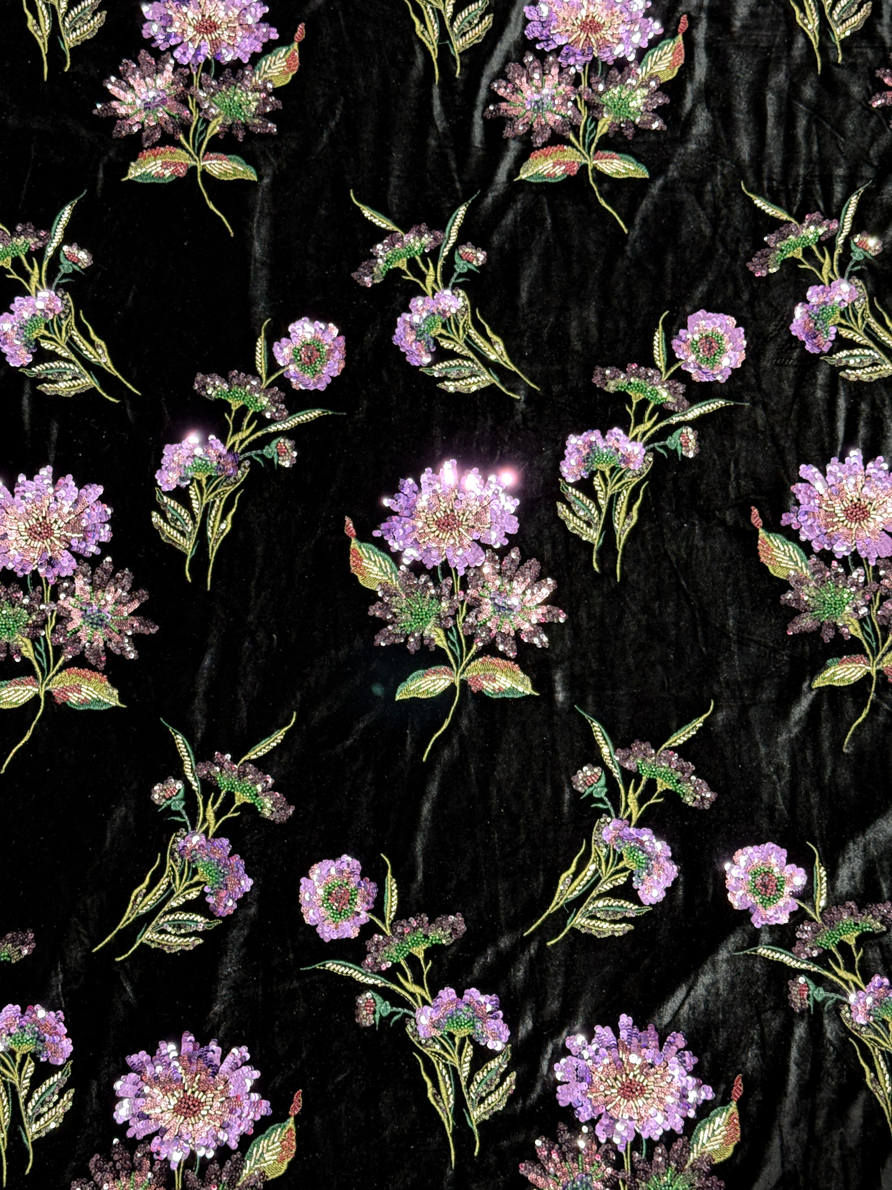 Black Lavender Floral Beaded Velvet Fabric | 2506705