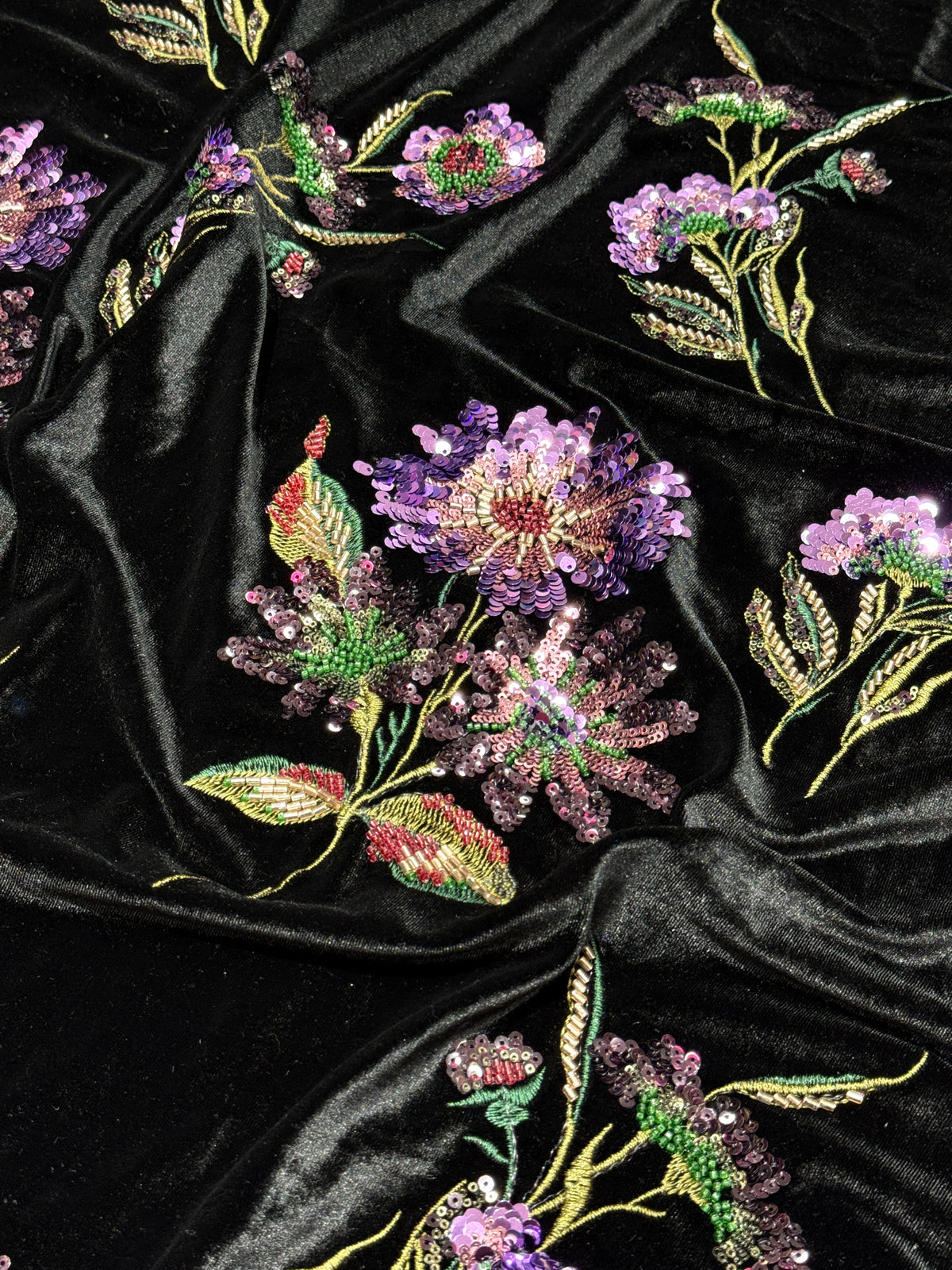 Black Lavender Floral Beaded Velvet Fabric | 2506705