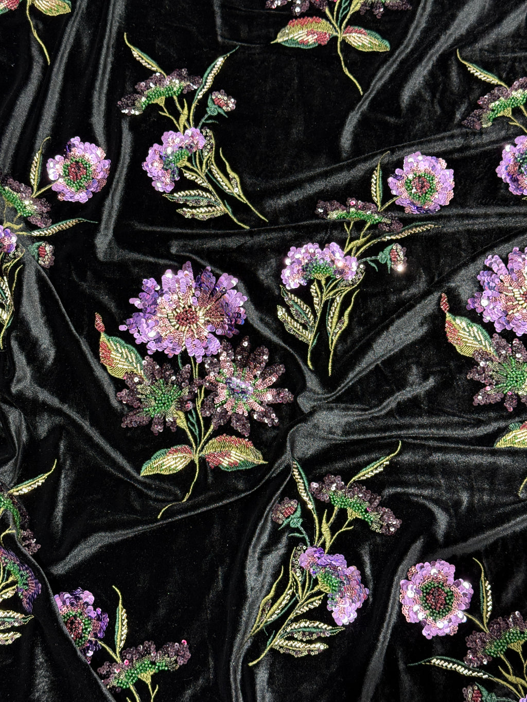 Black Lavender Floral Beaded Velvet Fabric | 2506705