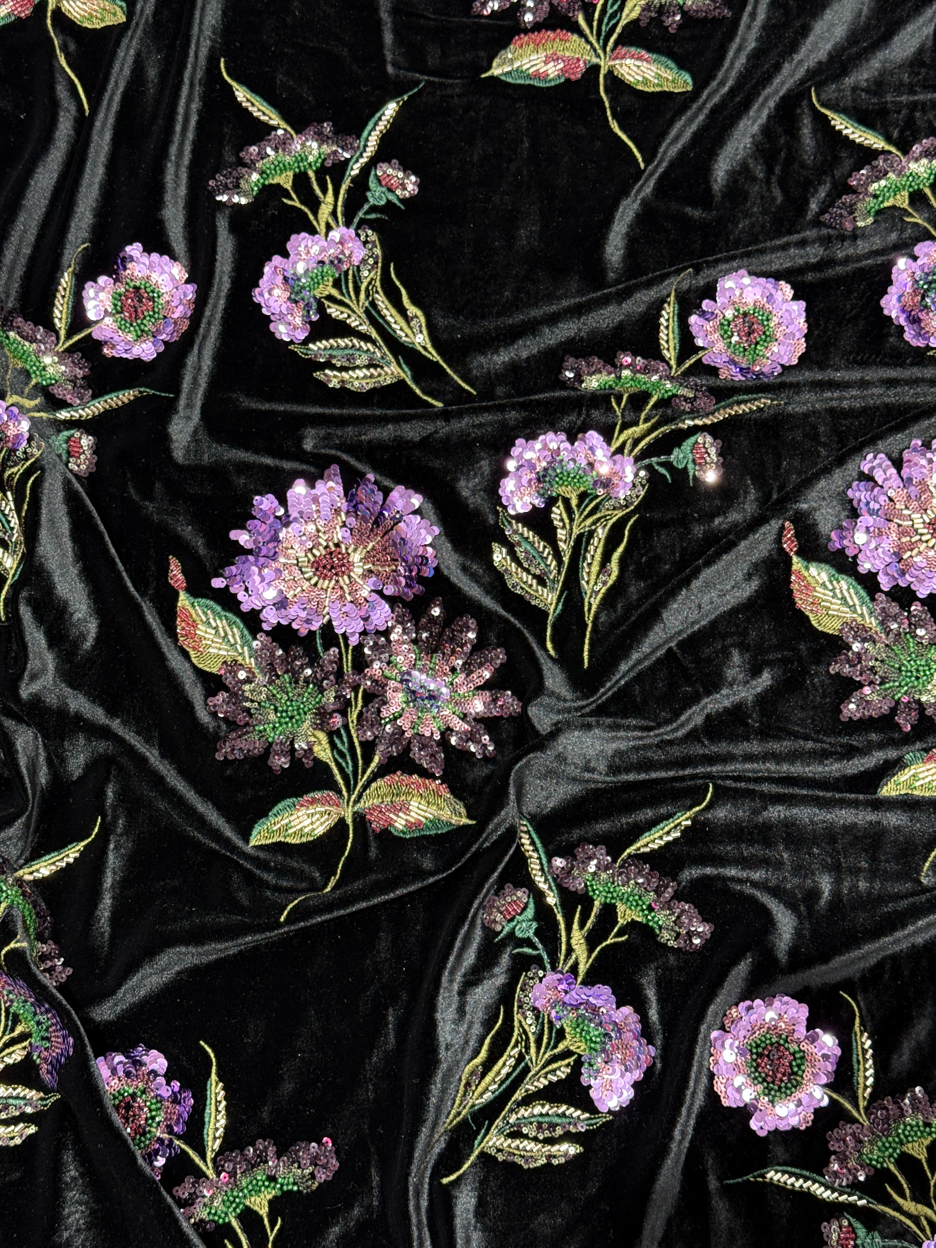 Black Lavender Floral Beaded Velvet Fabric | 2506705