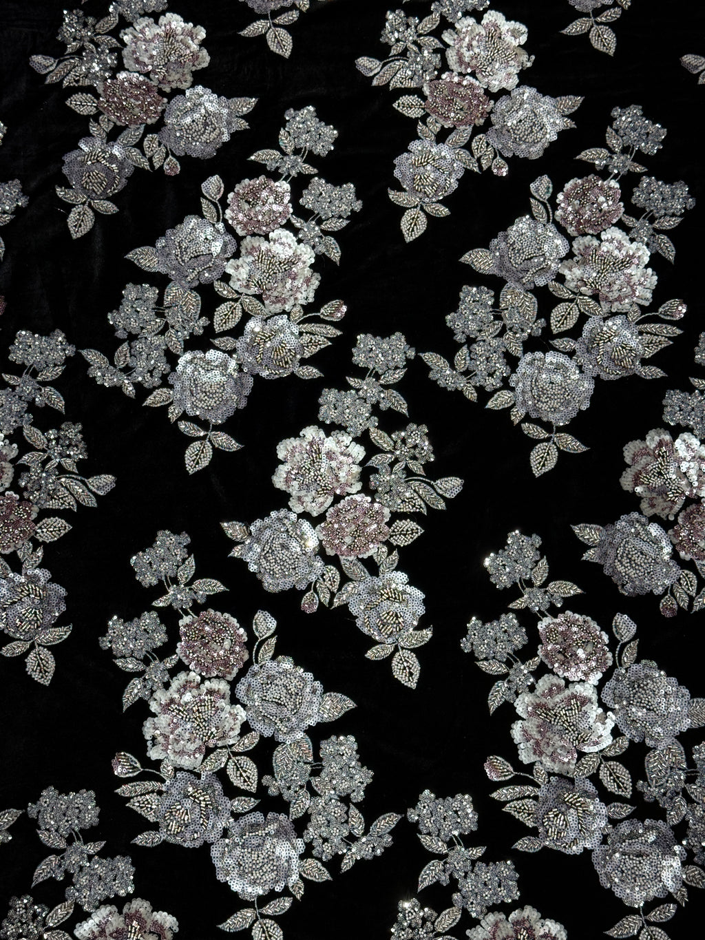 Black Silver Floral Sequin & Beaded Velvet Fabric | 2506643