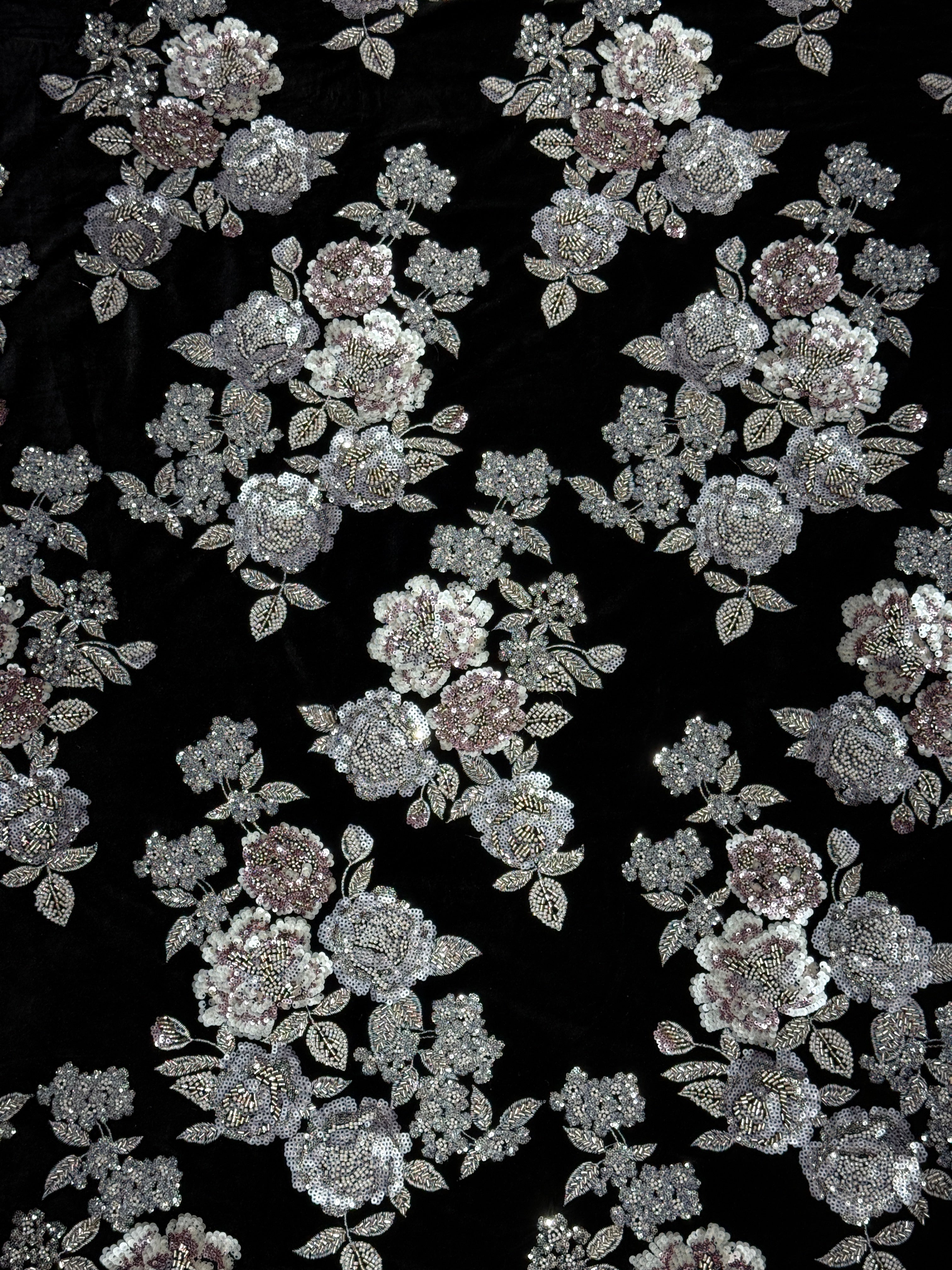 Black Silver Floral Sequin & Beaded Velvet Fabric | 2506643