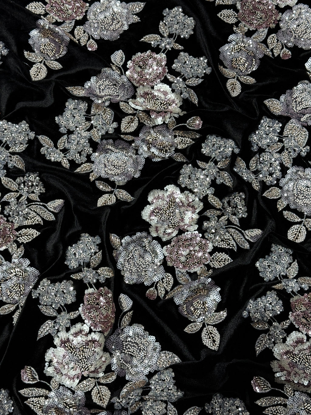 Black Silver Floral Sequin & Beaded Velvet Fabric | 2506643