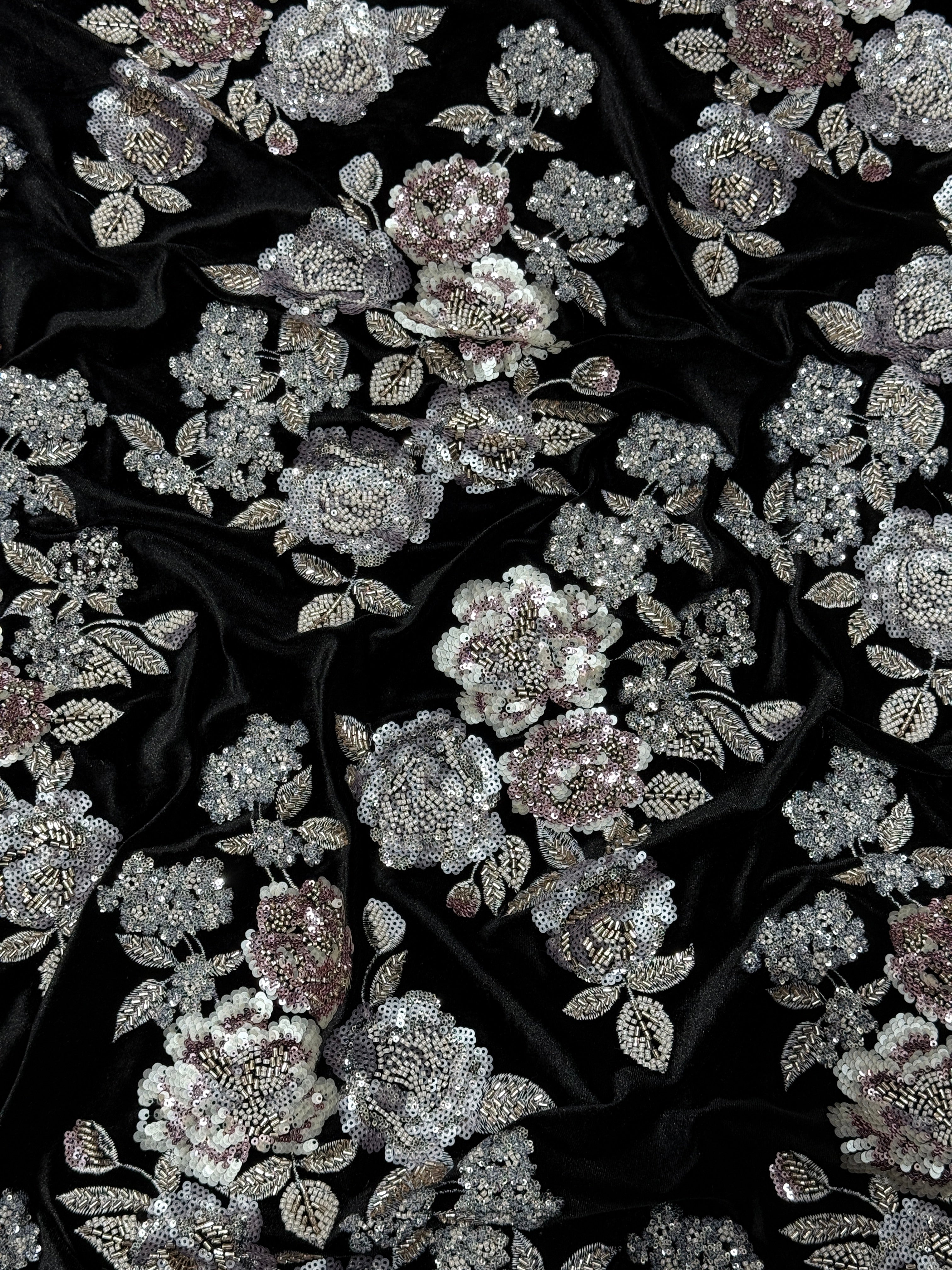 Black Silver Floral Sequin & Beaded Velvet Fabric | 2506643
