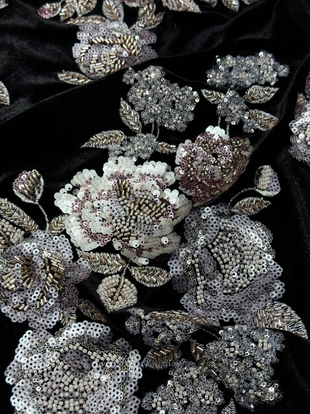Black Silver Floral Sequin & Beaded Velvet Fabric | 2506643