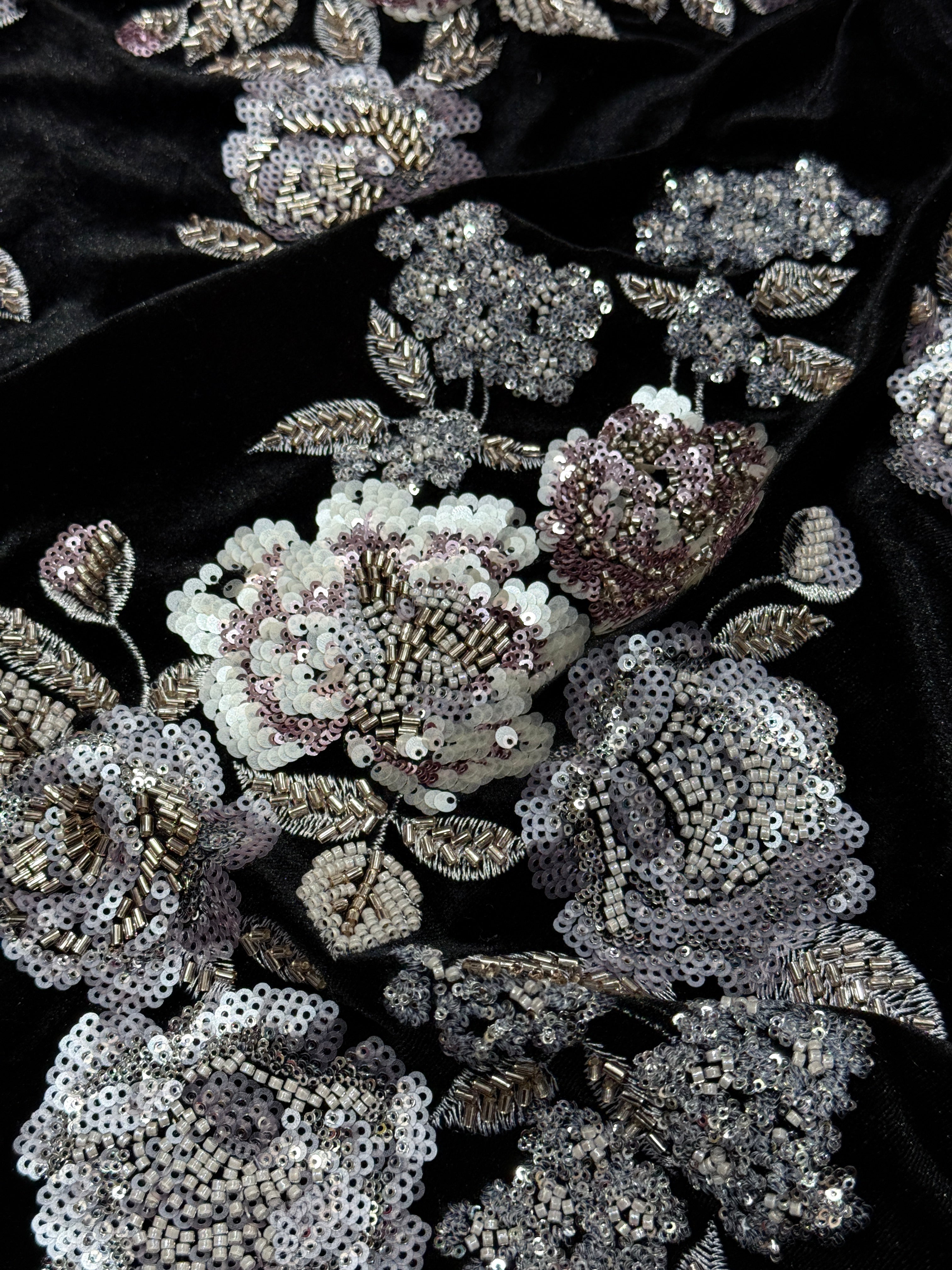 Black Silver Floral Sequin & Beaded Velvet Fabric | 2506643