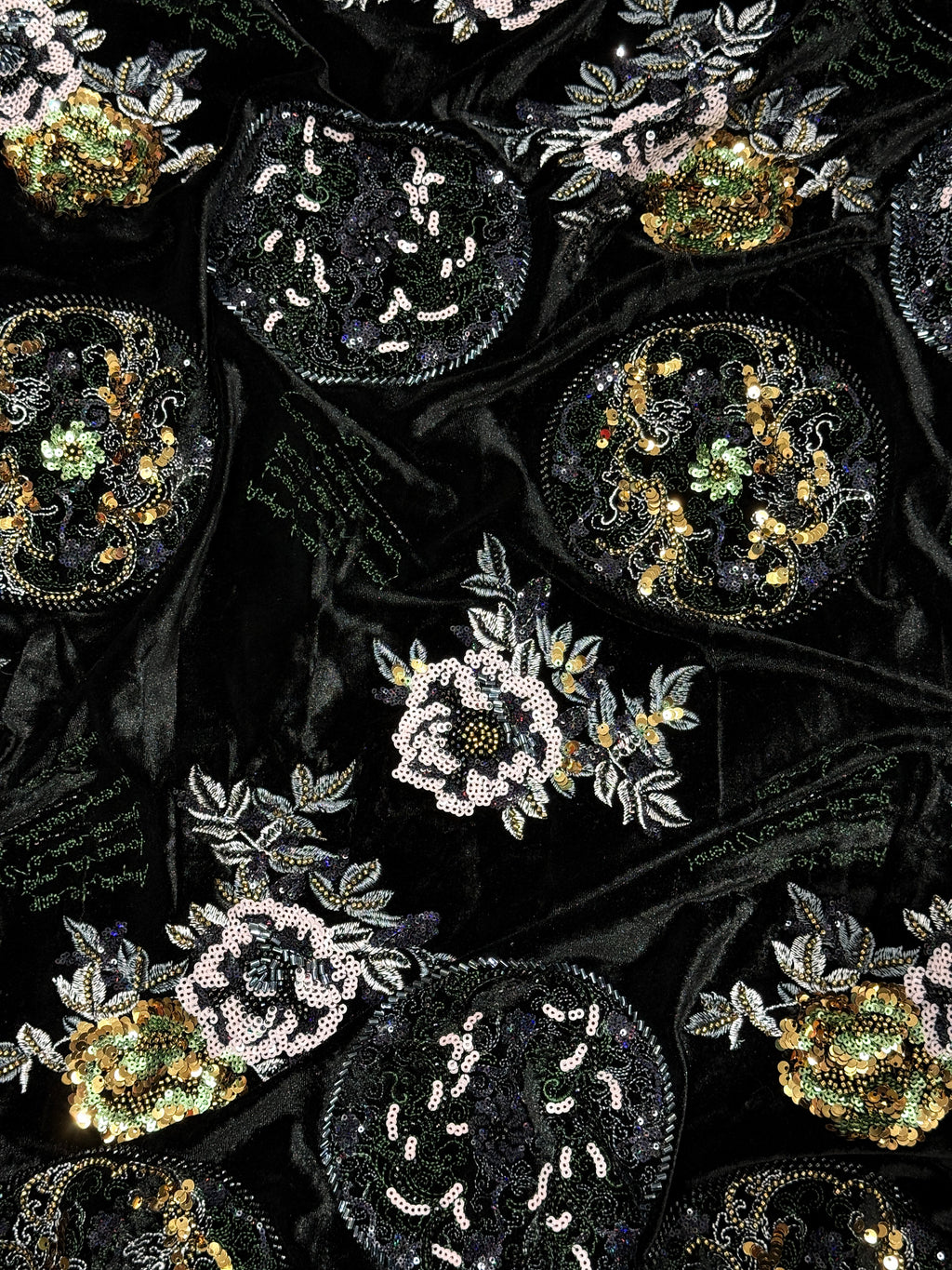 Black Floral & Paisley Embellished Velvet Fabric | 2506644