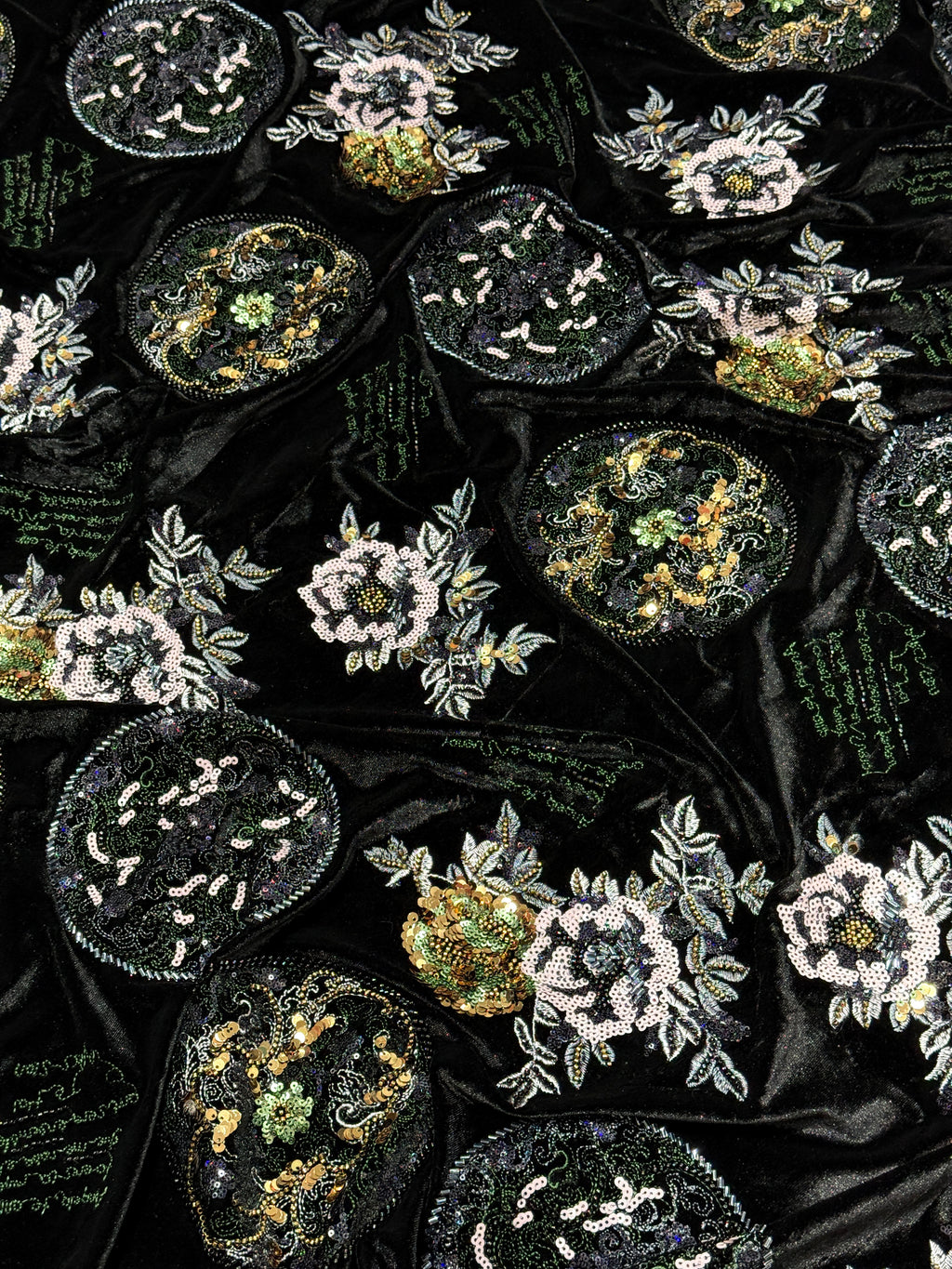 Black Floral & Paisley Embellished Velvet Fabric | 2506644