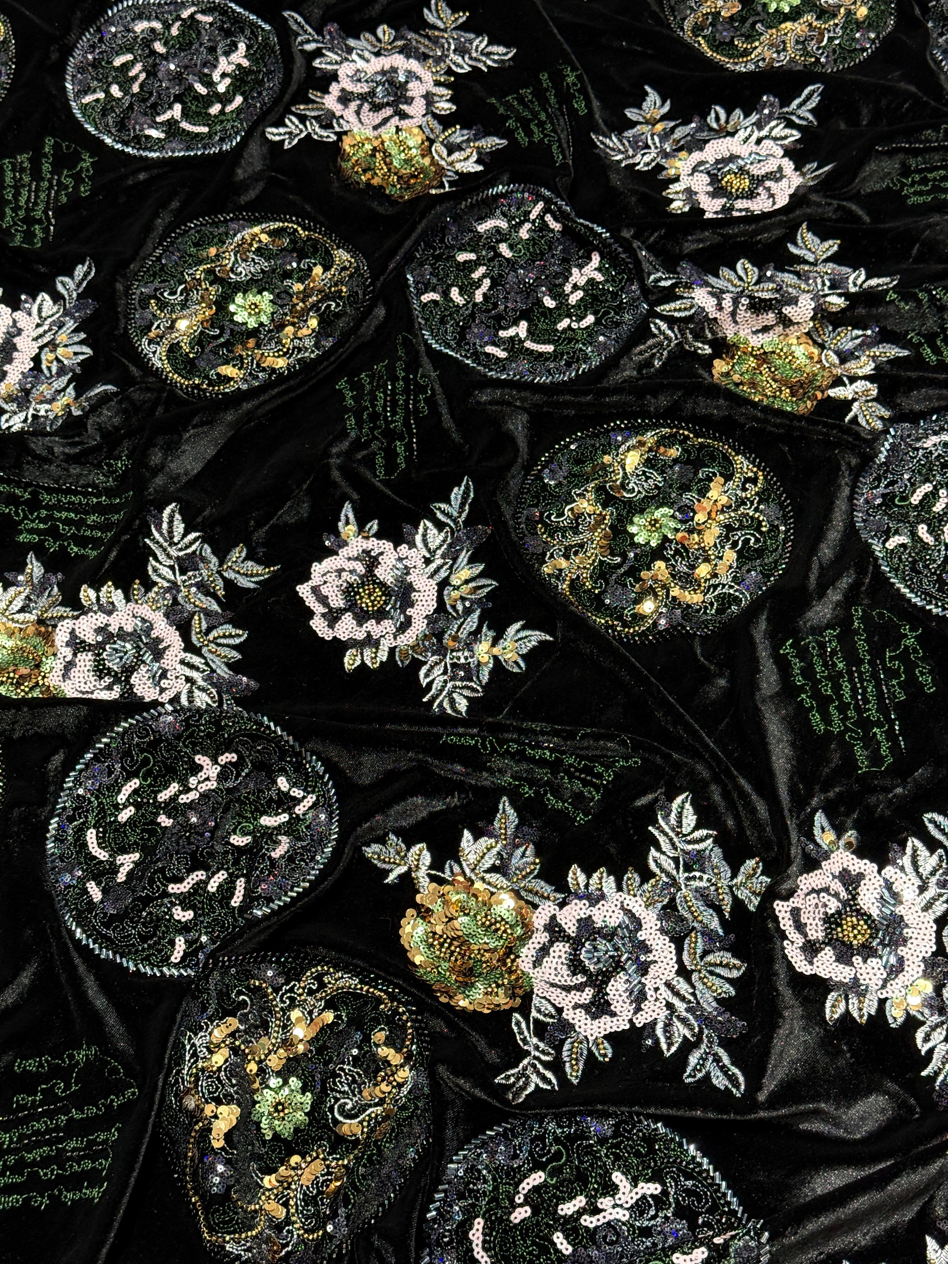 Black Floral & Paisley Embellished Velvet Fabric | 2506644