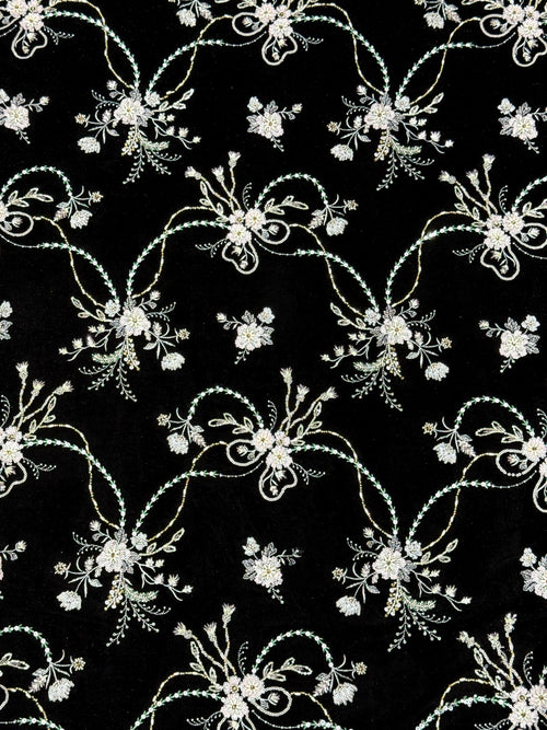 Black Floral Beaded Velvet Fabric | 2506648