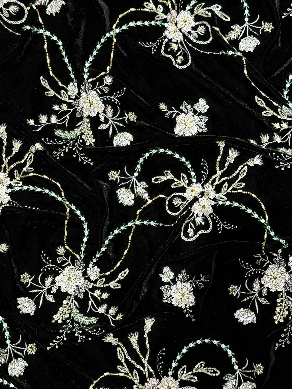 Black Floral Beaded Velvet Fabric | 2506648