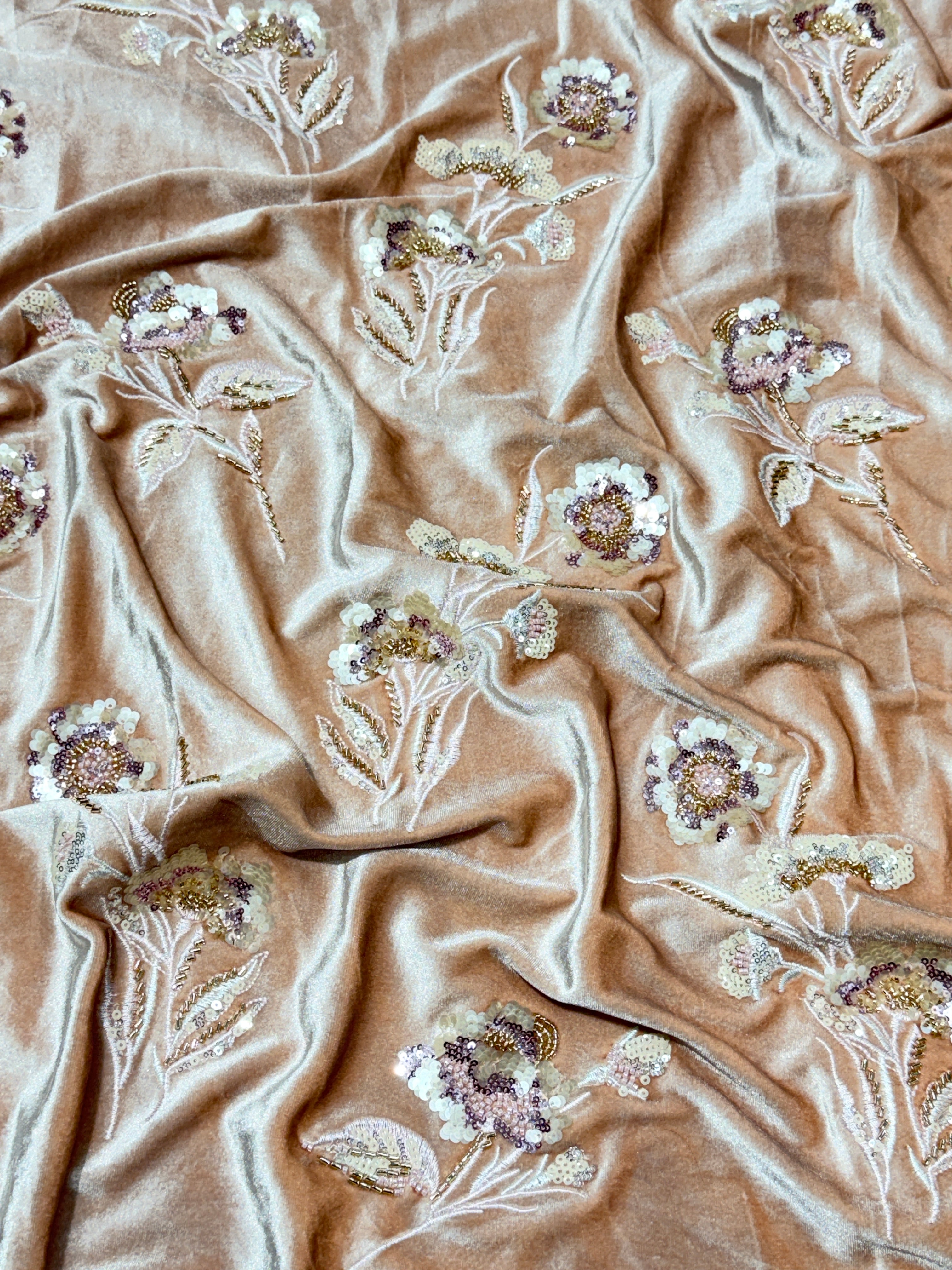 Blush Peach Floral Beaded Velvet Fabric | 2506700