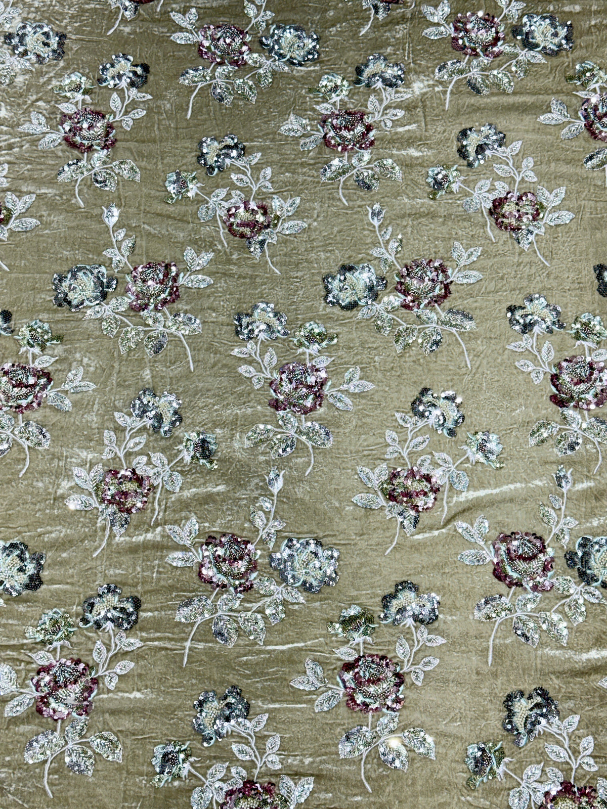Olive Taupe Floral Beaded Velvet Fabric | 2506695