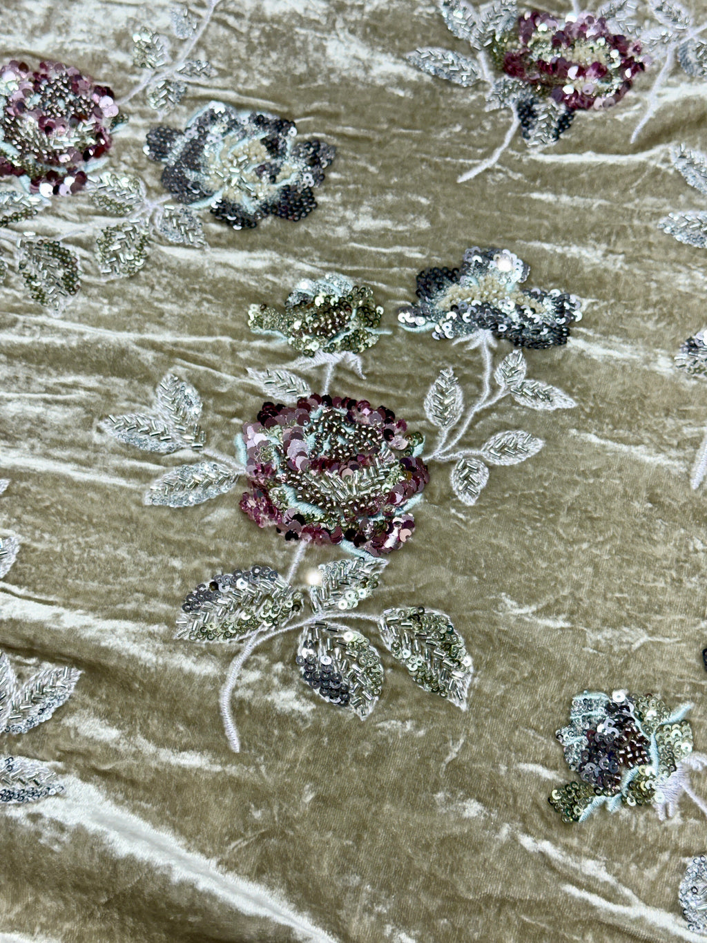 Olive Taupe Floral Beaded Velvet Fabric | 2506695
