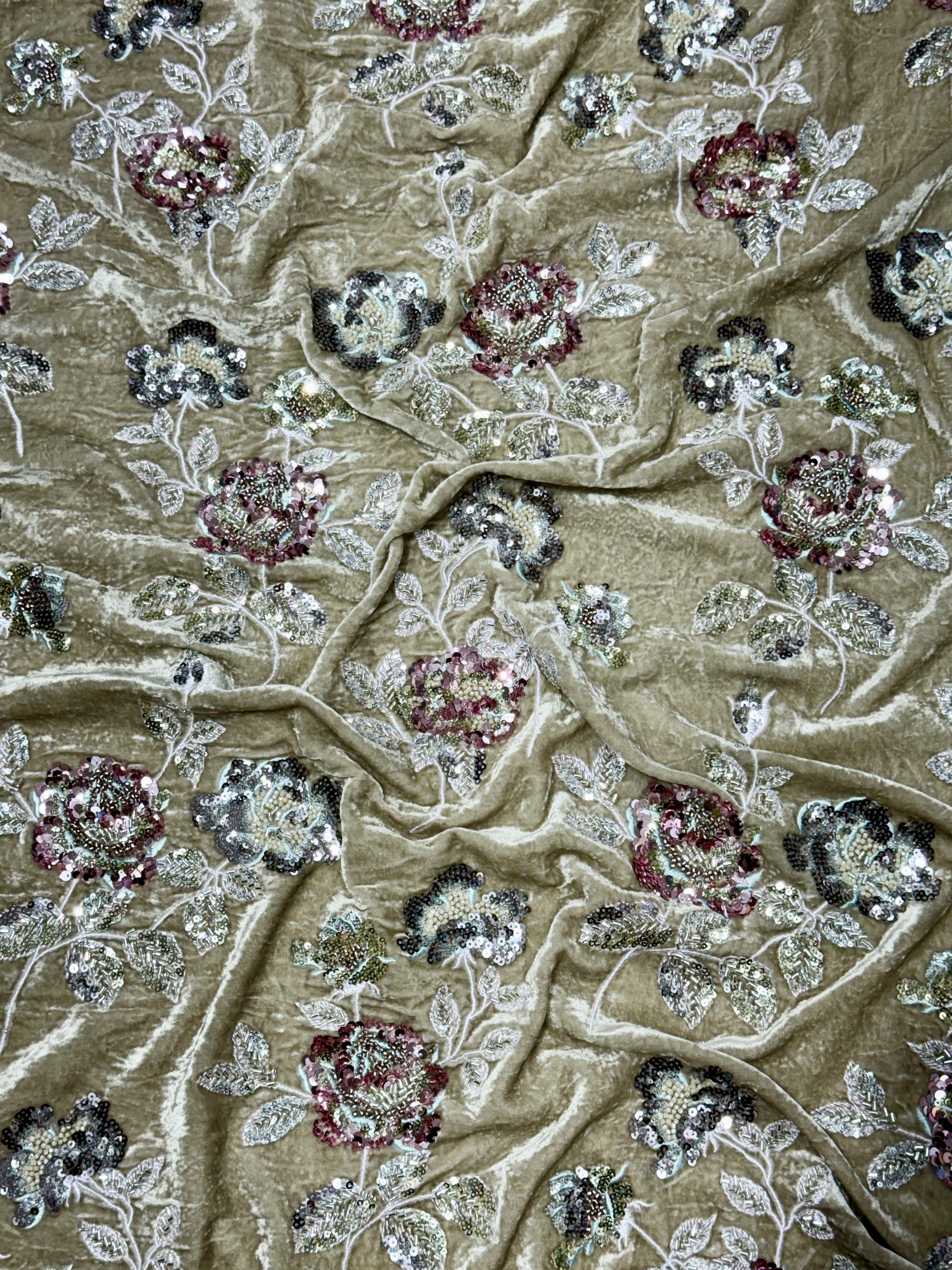 Olive Taupe Floral Beaded Velvet Fabric | 2506695