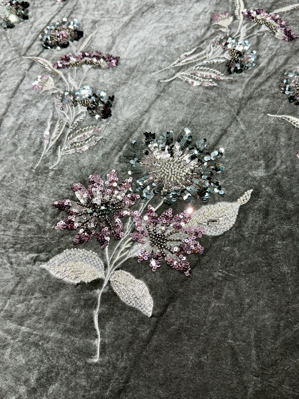 Charcoal Grey Floral Sequin & Beaded Velvet Fabric | 2506642